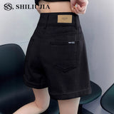 Black Denim Shorts Women 2025 New Summer Thin High-Rise Shade Small Shown Thin-Narrow Wide-Legged Hot Pants