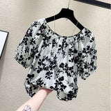 New Fashion Broken Flower Word Collar Short-Sleeved T-Shirt Top Women's Summer Niche Loose Shirt On The Original Work