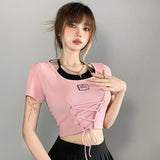 Summer Sweets Babes Short-Sleeved T-Shirt Girl 2025 New Belt Tie Design Short Blouse Sexy Thin