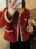 Red Small Fragrant Lamb Plush Coat Female Design Sense Niche Tops 2025 Autumn And Winter New Plush Thicken
