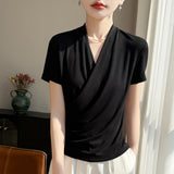 Fine Spinning Lyselle 2026 Spring And Summer Women's New Short-Style V-Neck Solid Color Cross-Temple Fashion Short-Sleeved T-Shirt