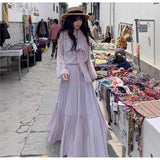 French Gentle Design Pressure Folded Skirt Light Purple A-Sword Dress Women's Summer High-Waisted Big Swing Skirt Dress