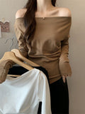 One-Word Shoulder Design Feeling With Irregular Long-Sleeved T-Shirt Women's Autumn Collarbone Sexy Bottoming Shirt Pure Desire Top
