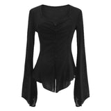 Pure Black Sunscreen Cardigan Women's Spring Thin Design V Collar Horn Long-Sleeved Knitted Shirt Chic Top