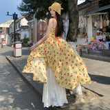 Seaside Holiday Travel To Take Pictures Irregular Open Fork Temperament To Close The Waist Bare Back Yellow Sling Dress Women Summer