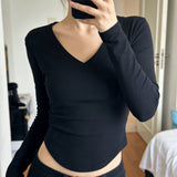 V-Necked Bottom-Up Women 2026 Autumn New Pure Tea Art White Irregular Long-Sleeved T-Shirt Short Shirt