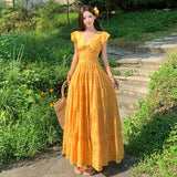 Xinjiang Yunnan Tourism Seaside Holiday Yellow Long V Collar Small Flying Sleeves To Close The Waist Dress French Retro Dress
