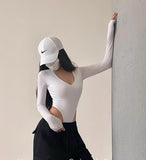 Spice Girl Sexy V-Neck Elastic Tightness Showing Lean Long Sleeves Solid-Colored Bottoming T-Shirt Blouse Woman 2025 Spring And Autumn