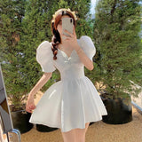 French Niche Bubble Sleeves To Close The Waist White First Love Dress Women Summer Small Punge Crimche Skirt Short Babes