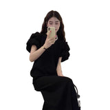 Large-Size Bubble Sleeves Niche Simple Solid Color Fat MM Thin Long Dress Loose Summer Sweet Round Collar Cover Dress