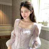 2026 Square Collar Long-Sleeved Purple Long Dress Women's Summer French Retro Gold Style Waist Skirt