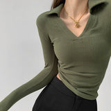 Spice Girl Sexy V-Neck Elastic Slim Slim Polo Shirt Retro Spring And Autumn Long-Sleeved Thread Bottom T-Shirt Top