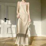 Silk Satin 2026 Spring And Summer New Women's V-Neck Long Dress Solid Color Temperament Adjustable Long Dress Sleeveless Sleeveless Sling