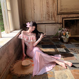 French Sweet Romantic Style Word Shoulder Floral Dress Women's Summer Resort Style Bag Fishtail Dress Set