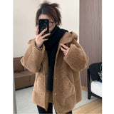 Camel Color Small Fragrant Lamb Wool Coat Woman 2025 Autumn Feeling Plus Thick Fur Hooded Cotton Suit