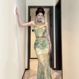 Vintage Style 2025 Summer Chinese Top Dress Set Print Sling Temperament Half-Dressed In Two Sets