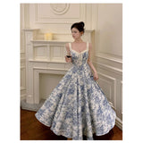 French Floral Sling Dress Dress Women's 2025 Summer New Age-Down Blue Dress Waist A Word Long Dress
