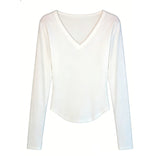 2026 Spring And Autumn New V-Necked Shirt Long-Sleeved T-Shirt Girl Slime Pure Wind Curved Under The Collarbone Top