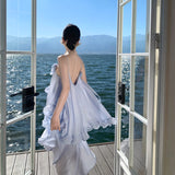 Yunnan Dali Seaside Resort Sling Dress Women's Blue Heavy Industry Three-Dimensional Flowers Lotus Leaf Side Beautiful Long Skirt