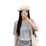 Lazy Wind Out Of The Shoulder Short-Sleeved T-Shirts In The Summer Pure Babes Design Sense Of A Small Loose Collar On The Shoulder