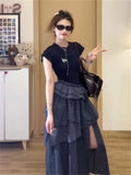 Korean Ins Fashion Short-Sleeved Lattice Dress Feline Dress Felined Summer Temperament Design Sense Multi-Layer Dress Open Fork Cake Dress