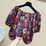 New Fashion Broken Flower Word Collar Short-Sleeved T-Shirt Top Women's Summer Niche Loose Shirt On The Original Work