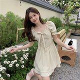 Bubble Sleeve Square Dress Women's Spring And Summer 2025 New Gentle Wind With Wooden Ears To Close The Waist Short-Sleeved A Skirt
