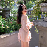 Small Temperament Long Sleeve Design Feel Shoulder To Shoulder To Close The Waist Bubble Sleeve Chiffon Dress High Waist Shorts Two Sets Of Women