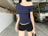 Tibetan Blue Collar Bare Shoulder Short-Sleeved T-Shirt Girl Slim 2026 New Summer Bottoming Shirt Sweet Spicy Short Top
