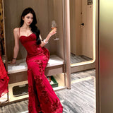 Sexy Bare Lace Embroidery Body-Brick Ass Long Dress Temperament Fishtail Hanging Dress Birthday Dress