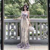 French Niche Beauty Fairy Out Of The Seaside Holiday Dress Sexy Pure Desire V Tie Hanging Print Dress Woman