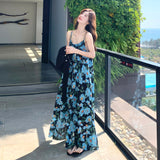 2025 New French Seaside Holiday Dress Textured Blue Color Sleeveless Sling Dress Women's Summer