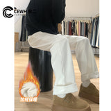 White Plus Velvet Broad-Legged Jeans Women's Autumn And Winter New High-Waisted Loose Loose Casual Small Narrow Version Of Straight Trousers