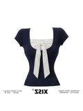 Crash Color Fake Two-Piece Collar Short-Sleeved T-Shirt Girl Summer Sweet Spicy Storm Point Splicing Bows To Reduce The Age Of Thin Tops
