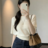 Knitted Women's 2026 New Summer Black Round Collar Design Feeling Short-Sleeved Blouse Temperament Loose Short