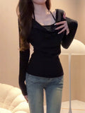 Black Hanging Neck Fake Two Folding Long-Sleeved T-Shirt Girl Spring New Hot Girl Pure Style Repair Bottom Shirt Top