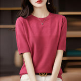 Wool Blending 2026 Autumn And Winter New Women's Round Collar Collar Drawing Solid Color Hollow Top Five-Sleeve Knitted Shirt