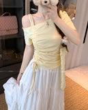 Design-Sense Collared Bare Shoulder Drawstring Top Women's Summer New Slimming Niche Small Collection Thin Short-Sleeved T-Shirt