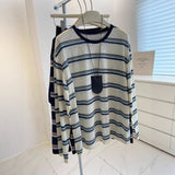 Korean Version Of The Retro Stripe Bumpy Slim Roll Round-Neck Long-Sleeved T-Shirt For Women's Loose Lazy Sun Protection Shirts Summer
