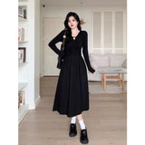 Large-Size Micro-Fat Mm Early Autumn New High-Waisted V-Neck Black Dress Female Korean Version Of Fashion Hepburn Style A Word Long Dress