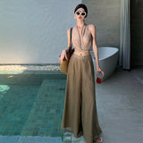Seaside Vacation Travel Wearing A Suit Summer Sexy Hanging Neck Blouse Pendant Broad Leg Trousers Two Sets Of Single Shot