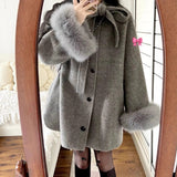 Hepburn Wind Gray Hair Coat Women Autumn And Winter New Long Bows This Jacket Coat Small