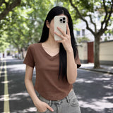 Hottie Pure Lust Wind V-Neck Machine Short-Sleeved Top T-Shirt Girl Short Straight Shoulder Repair Summer Girl Top