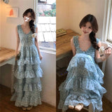 Summer Seaside Holiday Wind Blue Broken Flower With Dress Female Korean Version Sweet Fresh Temperament Waist Cake Skirt