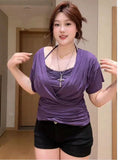 Pure Hottie V-Neck T-Shirt With Short-Sleeved Top Woman Summer Lace Hanging Neck Sling Sexy Two-Piece