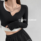 Designing A Hottie Fake Two-Piece Color Small V-Neck Long-Sleeved T-Shirt Girl Autumn Slim Thin Short-Num Chic Top