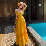 Dopamine-Miny Yellow Sling With Button-Dew Back Sling Fairy Long Dress Island Resort Beach Skirt