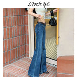Deep Blue Low-Waisted Micro-Horn Jeans Women Autumn New Small Man Without Legs Elastic Hottie Straight Trumpet Trousers