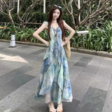 Summer New Super Fairy Faint Printing Sleeveless Dress Holiday Wind To Show Thin Leaves Side Long Skirt