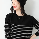 Wool Blending 2026 Autumn And Winter New Lady Loose Round Neck Stripe Short-Singed Knitted Sweater